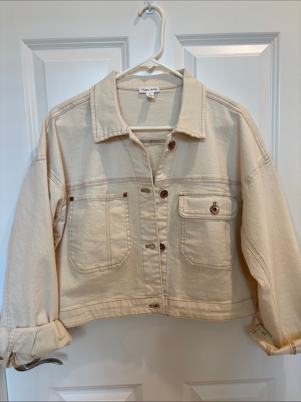 Neutral Cream Cropped Utility Jacket - Tribal Jeans - size small